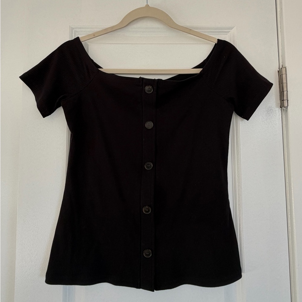 Ann Taylor Black Off-Shoulder Button-Down Shirt
